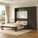 Queen Size Murphy Bed with Upholstered Headboard, Foldable Cabinet Bed with Storage Wardrobe & 2 Drawers