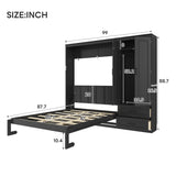 Queen Size Murphy Bed with Upholstered Headboard, Foldable Cabinet Bed with Storage Wardrobe & 2 Drawers