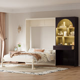 Queen Size Murphy Platform Bed with Built-in Side Cabinet, LED Lights & Drawer, Foldable Cabinet Bed for Bedroom, Studying Room