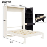 Queen Size Murphy Platform Bed with Built-in Side Cabinet, LED Lights & Drawer, Foldable Cabinet Bed for Bedroom, Studying Room