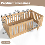 Twin Size Montessori Floor Bed with High Fence & Door, Solid Wood Kids Bed Frame, Low Profile Platform Bed