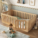 Twin Size Montessori Floor Bed with High Fence & Door, Solid Wood Kids Bed Frame, Low Profile Platform Bed