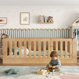 Twin Size Montessori Floor Bed with High Fence & Door, Solid Wood Kids Bed Frame, Low Profile Platform Bed