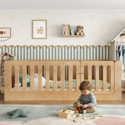 Twin Size Montessori Floor Bed with High Fence & Door, Solid Wood Kids Bed Frame, Low Profile Platform Bed