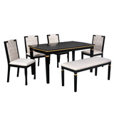 6pcs Dining Table Set for 6, Kitchen Dining Set with 4 High-Back Tufted Padded Dining Chairs & Bench, Black