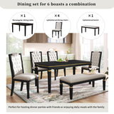 6pcs Dining Table Set for 6, Kitchen Dining Set with 4 High-Back Tufted Padded Dining Chairs & Bench, Black