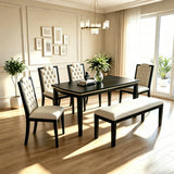 6pcs Dining Table Set for 6, Kitchen Dining Set with 4 High-Back Tufted Padded Dining Chairs & Bench, Black