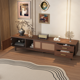 Mid Century Modern TV Stand for 80" TVs, Entertainment Center with Sliding Doors & Rattan Drawers, Media Console with Storage, Dark Brown