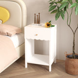 Modern Nightstand with Drawer&Open Shelf, Scalloped Edge Sofa Side Table End Table Kids Bed Beside Table, White