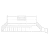 Queen Size Floor Bed Frame with Fence, Built-in Bookcase & Storage Shelves for Toddler/Kids/Teens