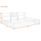 Queen Size Floor Bed Frame with Fence, Built-in Bookcase & Storage Shelves for Toddler/Kids/Teens
