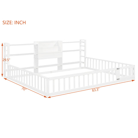 Queen Size Floor Bed Frame with Fence, Built-in Bookcase & Storage Shelves for Toddler/Kids/Teens