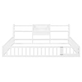 Queen Size Floor Bed Frame with Fence, Built-in Bookcase & Storage Shelves for Toddler/Kids/Teens