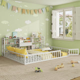 Queen Size Floor Bed Frame with Fence, Built-in Bookcase & Storage Shelves for Toddler/Kids/Teens