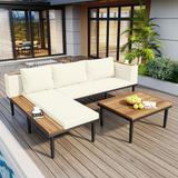 3-Piece Outdoor Acacia Wood Patio Furniture Set with Removable Cushions, Coffee Table & Side Table, L-Shaped Sectional Sofa