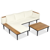 3-Piece Outdoor Acacia Wood Patio Furniture Set with Removable Cushions, Coffee Table & Side Table, L-Shaped Sectional Sofa