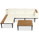 3-Piece Outdoor Acacia Wood Patio Furniture Set with Removable Cushions, Coffee Table & Side Table, L-Shaped Sectional Sofa