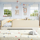 Queen Toddler Bed with Removable Guardrails, Padded Leather Montessori Floor Bed Kid Platform Bed Frame, Low Profile, Beige