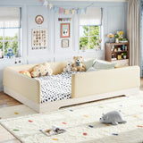 Queen Toddler Bed with Removable Guardrails, Padded Leather Montessori Floor Bed Kid Platform Bed Frame, Low Profile, Beige
