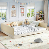 Queen Toddler Bed with Removable Guardrails, Padded Leather Montessori Floor Bed Kid Platform Bed Frame, Low Profile, Beige