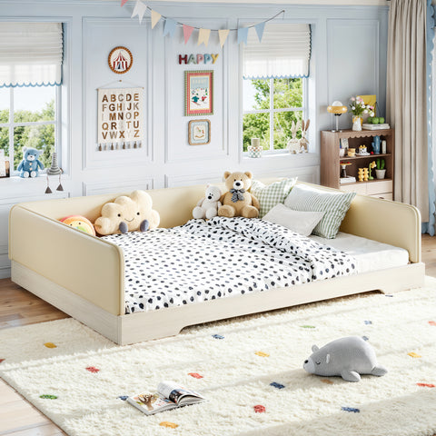 Queen Toddler Bed with Removable Guardrails, Padded Leather Montessori Floor Bed Kid Platform Bed Frame, Low Profile, Beige