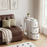 Oval End Table with Hidden Cup Holder Drawer, 2 Storage Drawers & Charging Station, Wood Bedside Table for Bedroom, Living Room