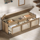 Rattan Entryway Storage Bench, Cushioned Shoe Bench Ottoman with 3 Drawers & Hidden Storage