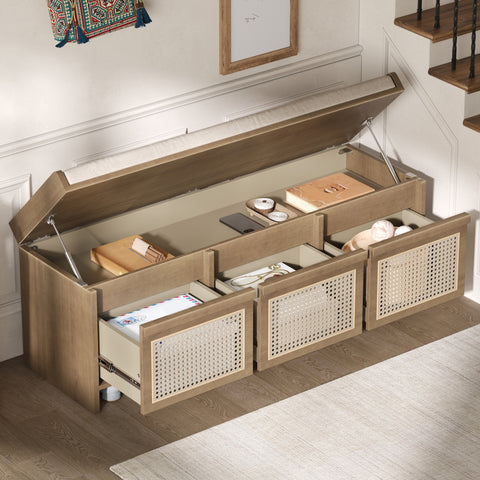 Rattan Entryway Storage Bench, Cushioned Shoe Bench Ottoman with 3 Drawers & Hidden Storage