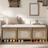 Rattan Entryway Storage Bench, Cushioned Shoe Bench Ottoman with 3 Drawers & Hidden Storage