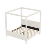 Queen Upholstered Canopy Bed with Soft Padded Headboard and Footboard, Noise-Free Platform Bed Frame 4-Poster Bed, Beige