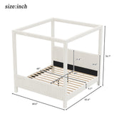 Queen Upholstered Canopy Bed with Soft Padded Headboard and Footboard, Noise-Free Platform Bed Frame 4-Poster Bed, Beige