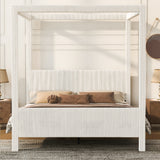 Queen Upholstered Canopy Bed with Soft Padded Headboard and Footboard, Noise-Free Platform Bed Frame 4-Poster Bed, Beige