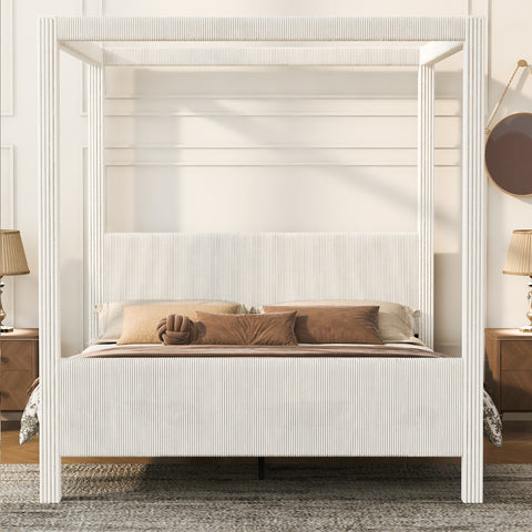 Queen Upholstered Canopy Bed with Soft Padded Headboard and Footboard, Noise-Free Platform Bed Frame 4-Poster Bed, Beige