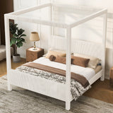 Queen Upholstered Canopy Bed with Soft Padded Headboard and Footboard, Noise-Free Platform Bed Frame 4-Poster Bed, Beige