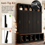 All-in-1 Hall Tree Entryway Bench Mudroom Coat Closet Shoe Storage Cabinet with Hooks, Shoe Rack & Display Cubbies, Black