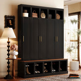All-in-1 Hall Tree Entryway Bench Mudroom Coat Closet Shoe Storage Cabinet with Hooks, Shoe Rack & Display Cubbies, Black
