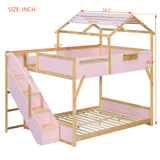 Full over Full House Bunk Bed Frame with Side Wide Stairs, Storage Panel & 3-Color LED Lights for Kids/Teens/Adults