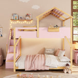 Full over Full House Bunk Bed Frame with Side Wide Stairs, Storage Panel & 3-Color LED Lights for Kids/Teens/Adults