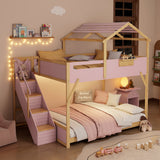 Full over Full House Bunk Bed Frame with Side Wide Stairs, Storage Panel & 3-Color LED Lights for Kids/Teens/Adults