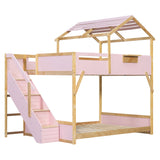 Full over Full House Bunk Bed Frame with Side Wide Stairs, Storage Panel & 3-Color LED Lights for Kids/Teens/Adults