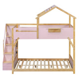 Full over Full House Bunk Bed Frame with Side Wide Stairs, Storage Panel & 3-Color LED Lights for Kids/Teens/Adults