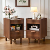 2 PCS Fluted Wood Nightstands, Side End Tables with 2 Drawers & Open Storage Shelf for Bedroom, Living Room