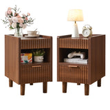 2 PCS Fluted Wood Nightstands, Side End Tables with 2 Drawers & Open Storage Shelf for Bedroom, Living Room