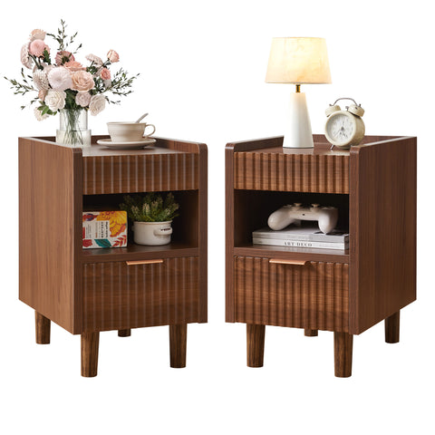 2 PCS Fluted Wood Nightstands, Side End Tables with 2 Drawers & Open Storage Shelf for Bedroom, Living Room