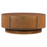 Farmhouse Round Coffee Table, Wood Fluted Center Table with Drawer & Metal Handle for Living Room, Bedroom, Office
