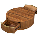 Farmhouse Round Coffee Table, Wood Fluted Center Table with Drawer & Metal Handle for Living Room, Bedroom, Office