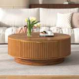 Farmhouse Round Coffee Table, Wood Fluted Center Table with Drawer & Metal Handle for Living Room, Bedroom, Office