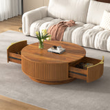 Farmhouse Round Coffee Table, Wood Fluted Center Table with Drawer & Metal Handle for Living Room, Bedroom, Office