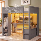 Full Size Wood Loft Bed Frame with L-Shaped Desk, Drawers, Wardrobe, LED Light Strip & USB Ports for Kids/Teens/Adults