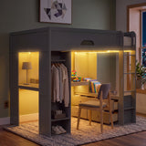 Full Size Wood Loft Bed Frame with L-Shaped Desk, Drawers, Wardrobe, LED Light Strip & USB Ports for Kids/Teens/Adults